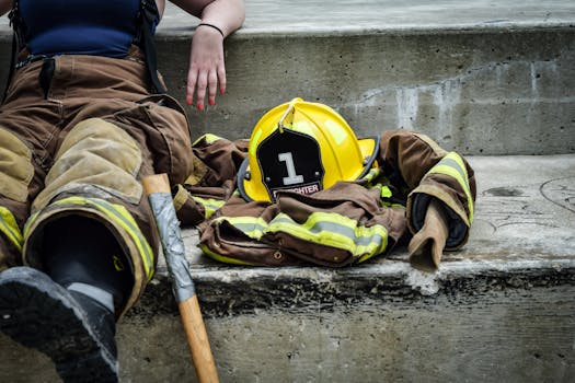 Firewoman taking a break on concrete steps with gear and helmet nearby.