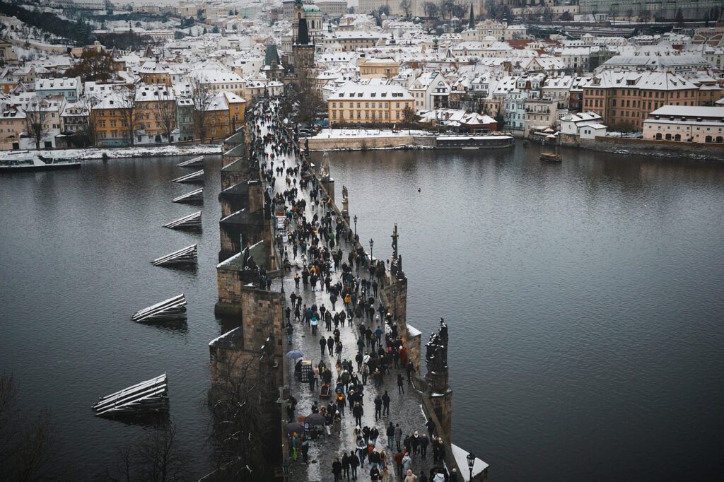 prague, bridge, crowd