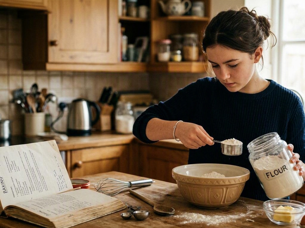A teenager concentrating while measuring flour into a bowl, a recipe book open on the counter