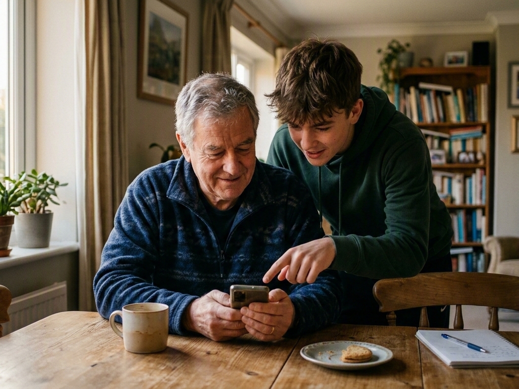 An older man being shown something on a smartphone by a younger relative, seated at a table with tea and a biscuit