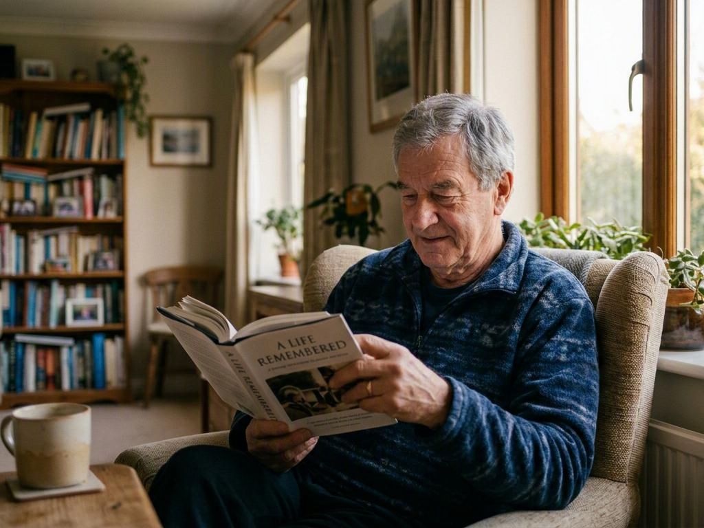 An older man reading a memoir alone in an armchair by a window