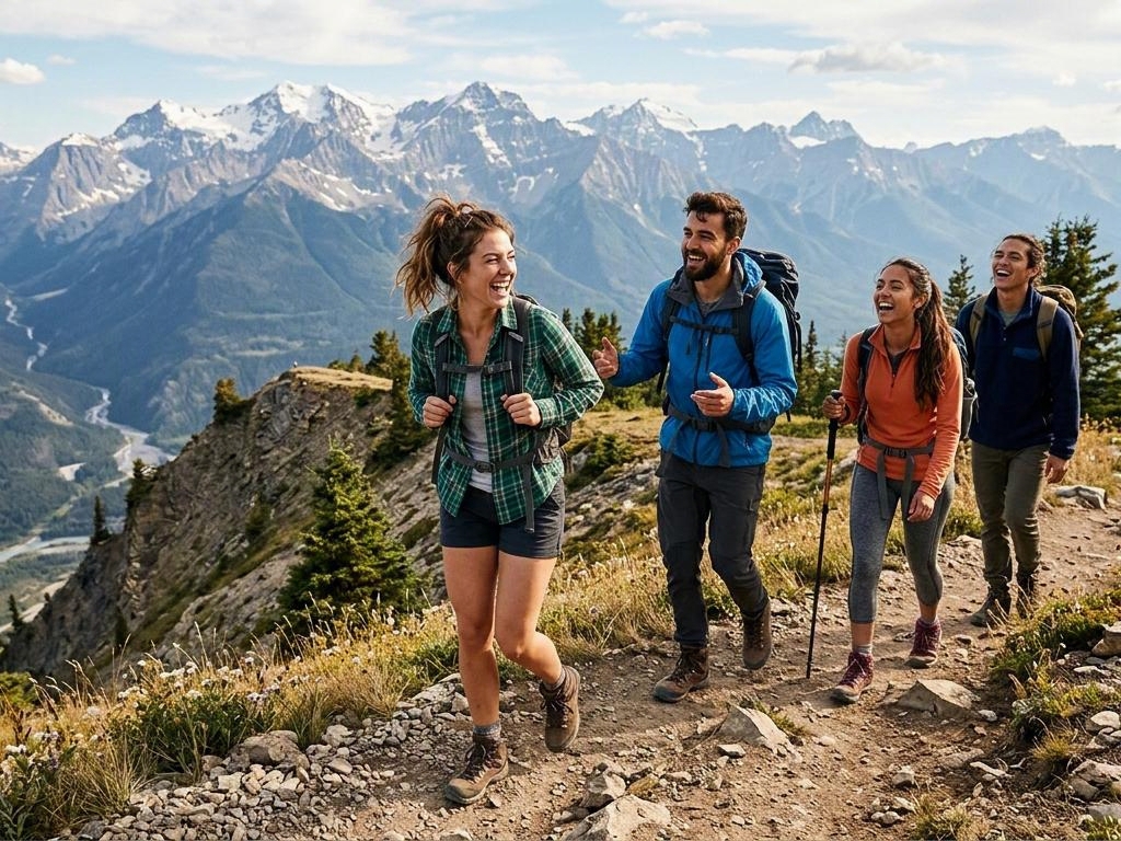 A small group of friends hiking together on a mountain trail, laughing
