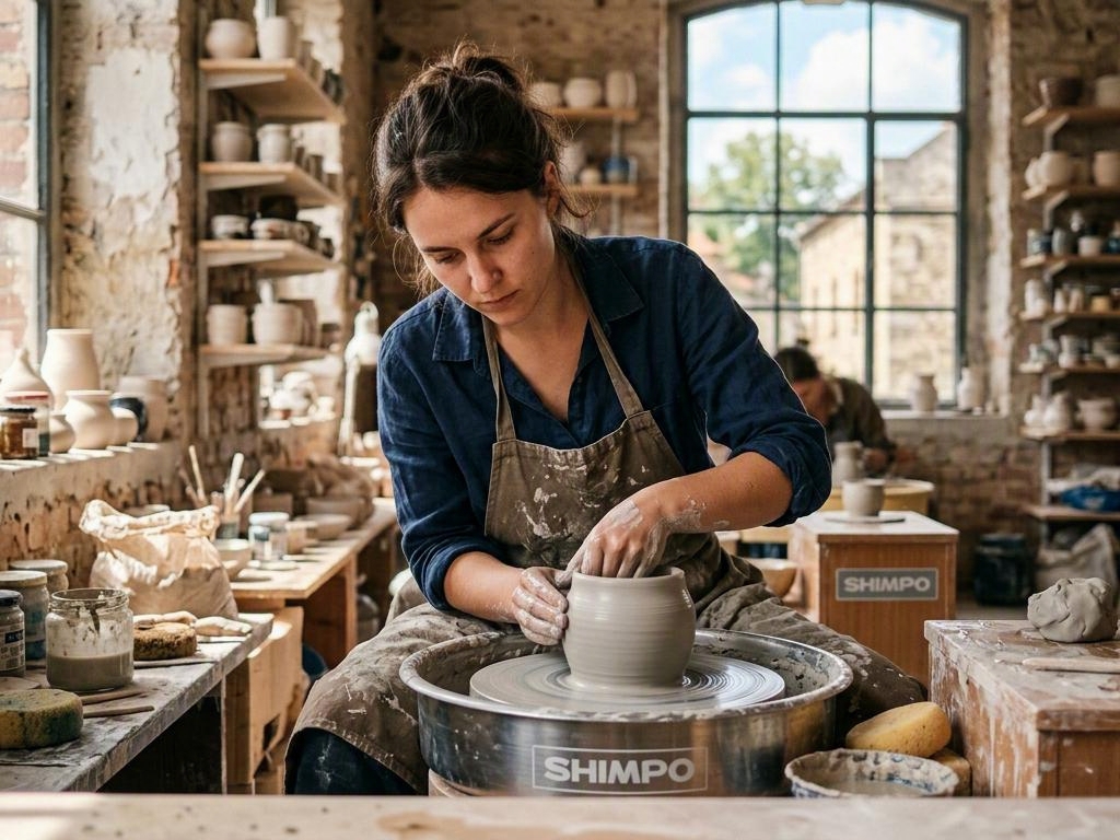 A woman shaping clay on a pottery wheel in a workshop, focused and alone